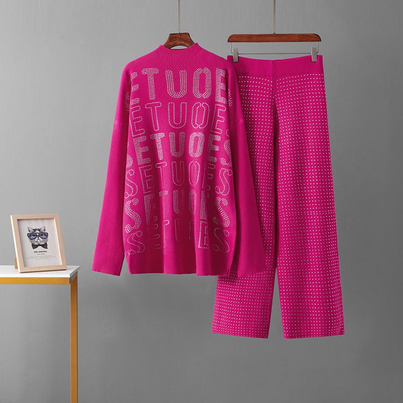 Damenbekleidung Hose mit weitem Bein Damen Strickanzug Zweiteiler High-End Modischer Hot Diamond Zweiteiler_voghion.com