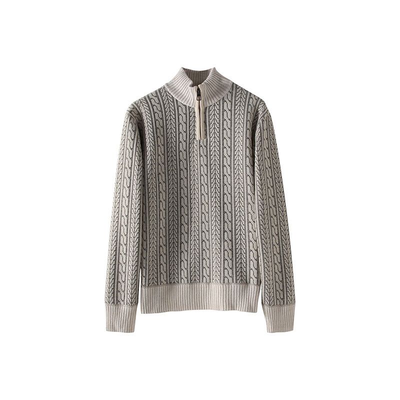 Men's Textured Knit Sweater – Slim-Fit Mock Neck Half-Zip Pullover For Winter (Cream, Elastic Polyester Fabric)_voghion.com