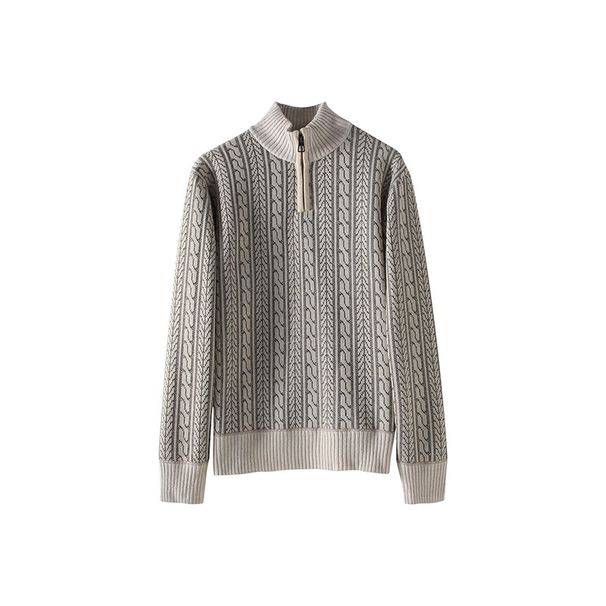 Men's Textured Knit Sweater – Slim-Fit Mock Neck Half-Zip Pullover For Winter (Cream, Elastic Polyester Fabric)_voghion.com