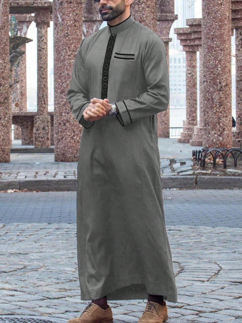 Casaco muçulmano islâmico masculino de manga comprida com gola alta bordada, estilo thobe árabe para homens_voghion.com