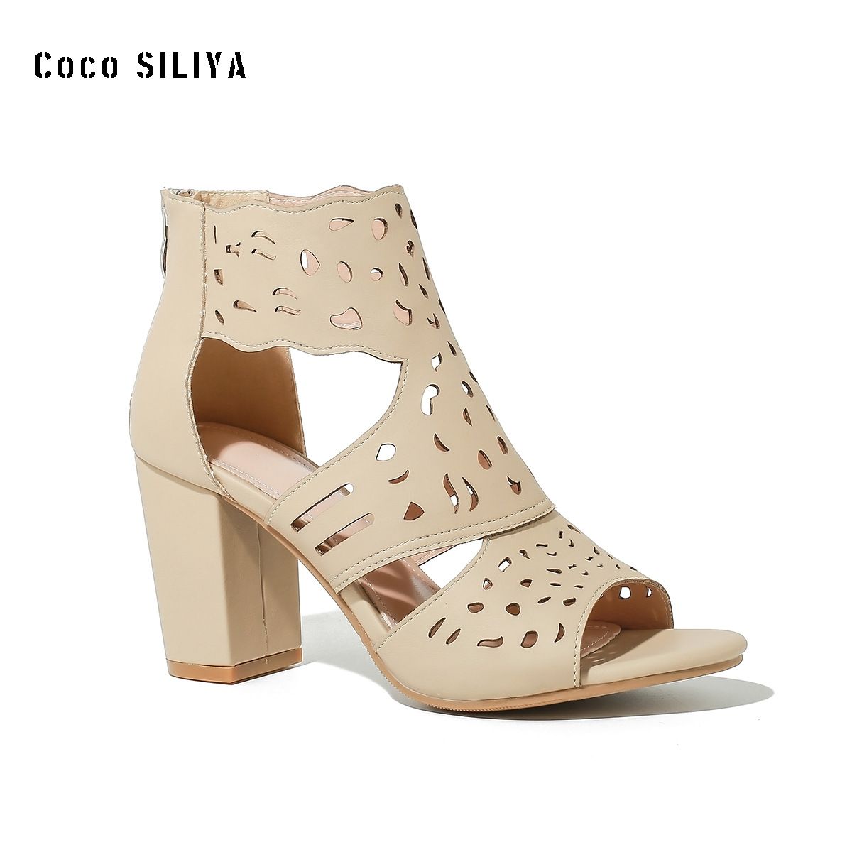Women's Chunky Heel Gladiator Sandals - Laser Cut Peep Toe Platform Shoes (Size 6-11, Beige, Summer)_voghion.com