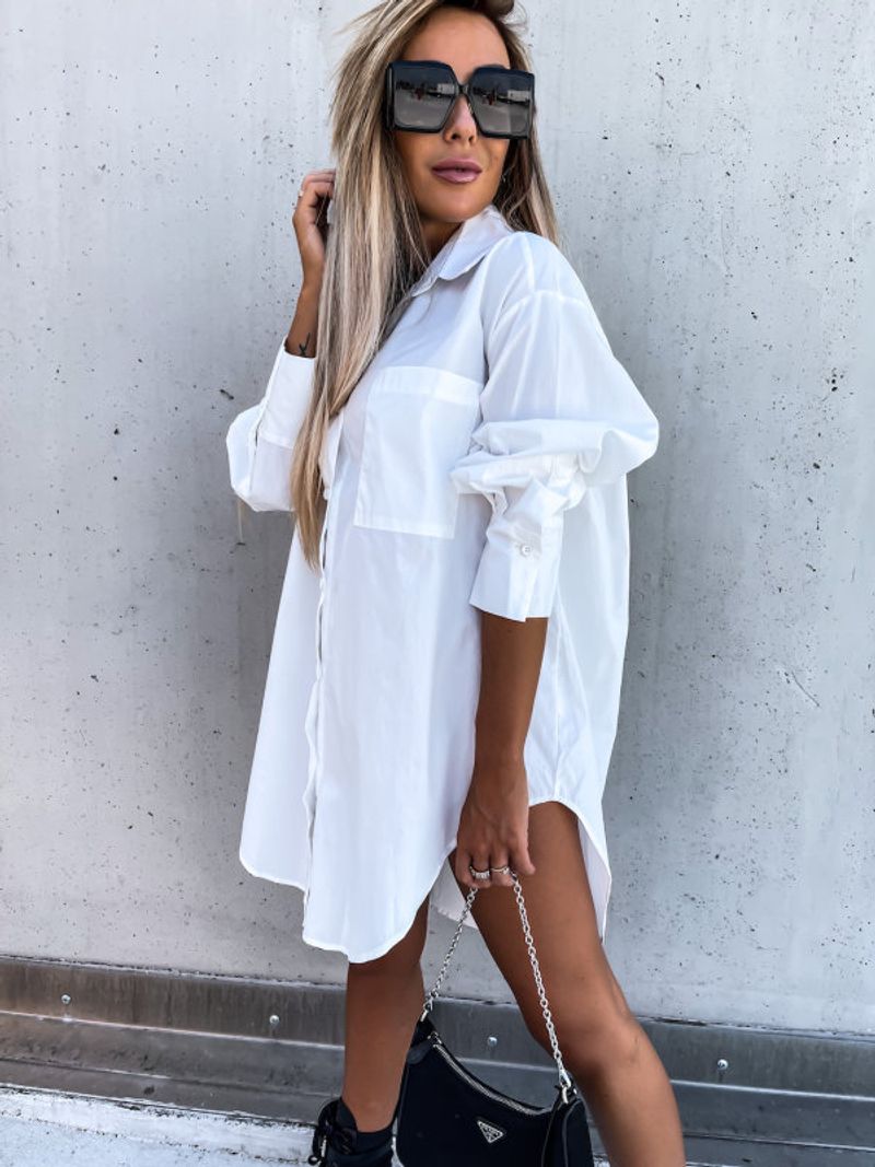 Damenmode unregelmäßiges lockeres Langarm-Revers-Hemdkleid_voghion.com