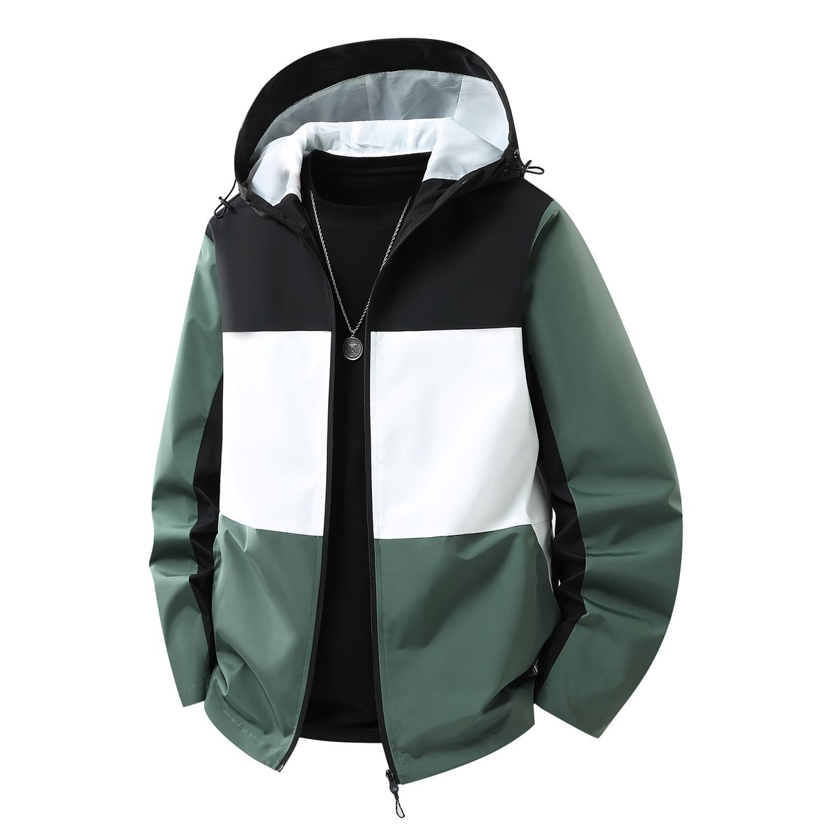 Slim-Fit-Kapuzenjacke für Herren – Leichte Polyester-Windjacke mit Stehkragen für Outdoor- und Freizeitkleidung (Grün, Blau)_voghion.com