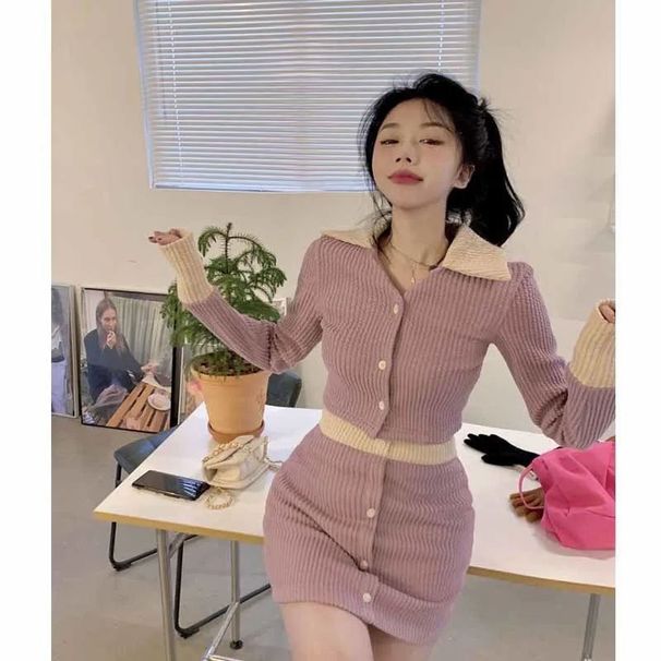 Stażystka Celebrity Little Style dla kobiet Pite Swe Spicy Girl Jesień Zima Dzianinowa Dopasowana Sukienka Dwuczęściowa_voghion.com