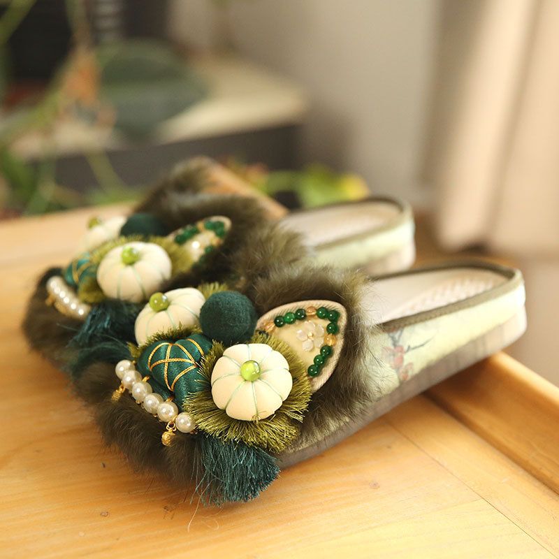 ShoeGlobe Tiger Schuhe für Erwachsene, Frühling und Herbst, weiche Sohle, grün, nationaler Stil, echtes Fell, Katzenkopf bestickt, immaterielles Kulturerbe_voghion.com