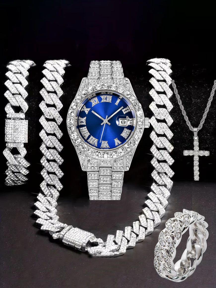 Hip Hop Diamond-Studded Watch Five-Piece Set With Diamond-Shaped Chain Cross Necklace And Cuban Ring_voghion.com