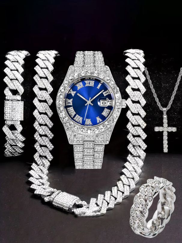 Hip Hop Diamond-Studded Watch Five-Piece Set With Diamond-Shaped Chain Cross Necklace And Cuban Ring_voghion.com