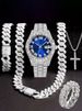 Hip Hop Diamond-Studded Watch Five-Piece Set With Diamond-Shaped Chain Cross Necklace And Cuban Ring_voghion.com