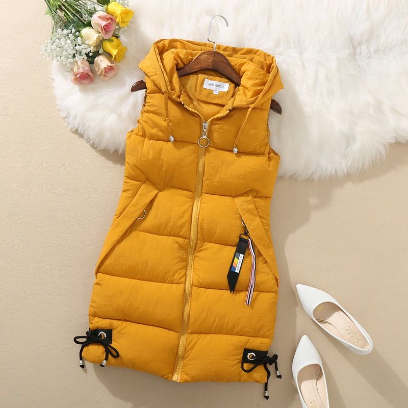 Gilet imbottito in piuma per donna autunno-inverno gilet senza maniche gilet con cappuccio di media lunghezza_voghion.com