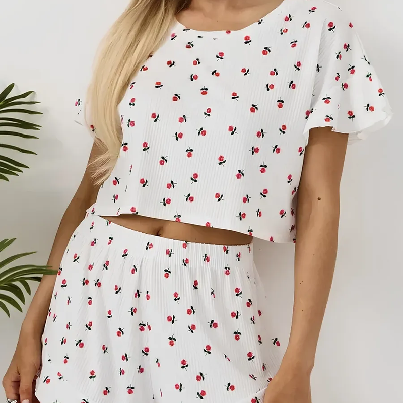 Damen-Pyjama-Loungewear-Set, Rundhalsausschnitt, Lotusblatt-Ärmel, Kurzarm-Shorts-Set, Blumenmuster_voghion.com