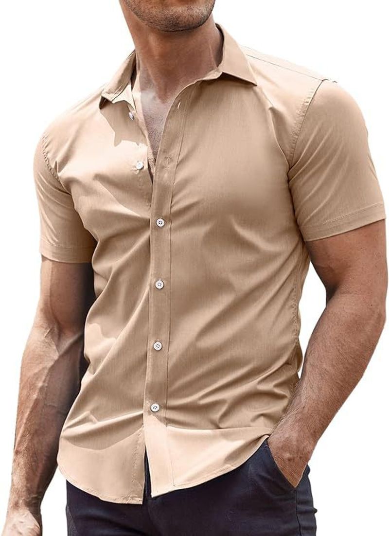 Camicia da uomo a maniche corte con bottoni - Camicia casual traspirante in misto cotone per l'estate e la spiaggia_voghion.com