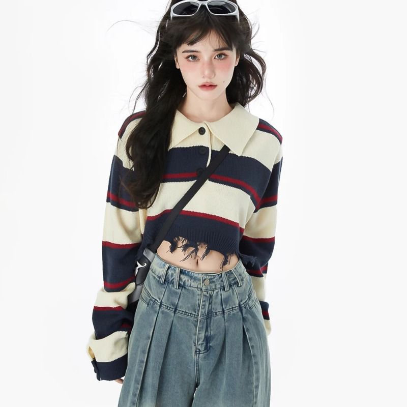 Maglione lavorato a maglia a righe da donna autunno sciolto dolce stile college kawaii retro bavero crop top design a colori nuovo_voghion.com