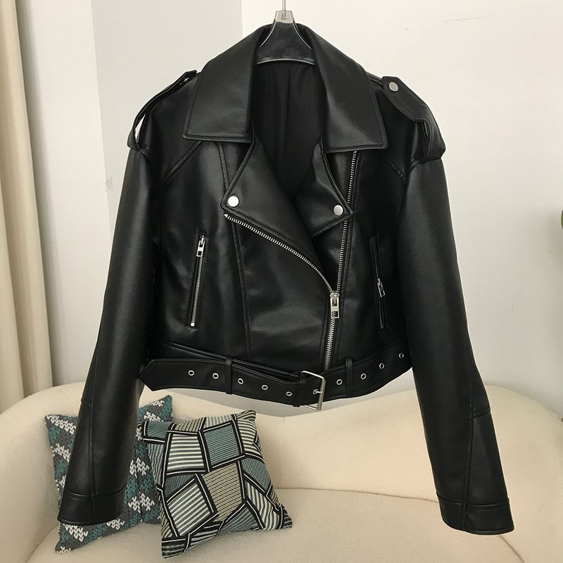 Vêtements pour femmes Dames Printemps et Automne Dames Nouveau Revers Veste Courte Style Moto Mode Style Décontracté Veste En Cuir Mince_voghion.com