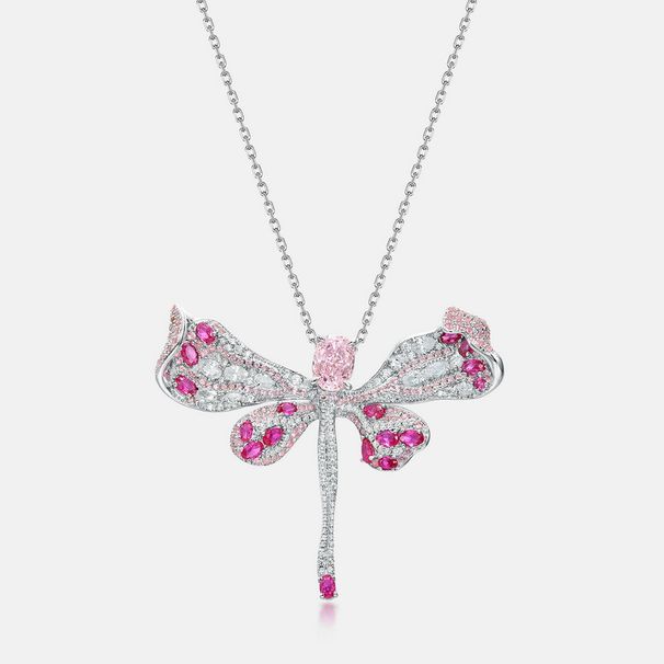 Ciondolo a forma di libellula rosa chiaro con diamanti ad alto tenore di carbonio in argento S925 pieno di diamanti colorati, ciondolo con clavicola di personalità_voghion.com