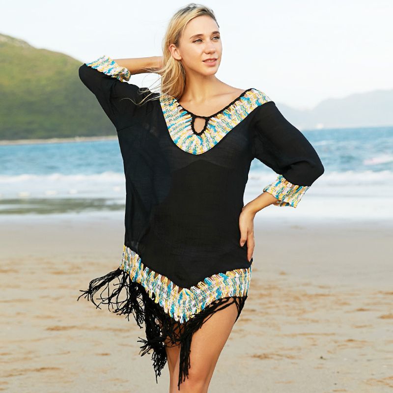 Plus Size Crochet Tassel Air Conditioning Beach Sun Protection Cover-Up Shirt Sweet Style Women's Swimsuit_voghion.com