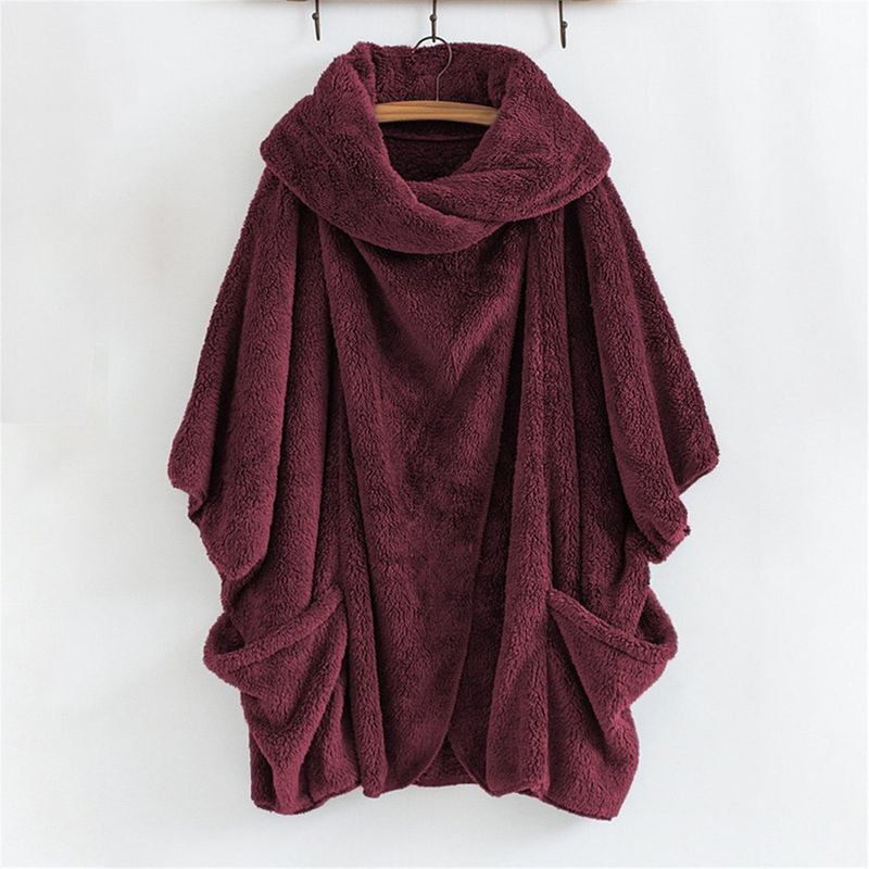 Cappotto oversize da donna con maniche a pipistrello, foderato in pile, colletto abbottonato con tasche, capospalla streetwear alla moda per autunno inverno_voghion.com