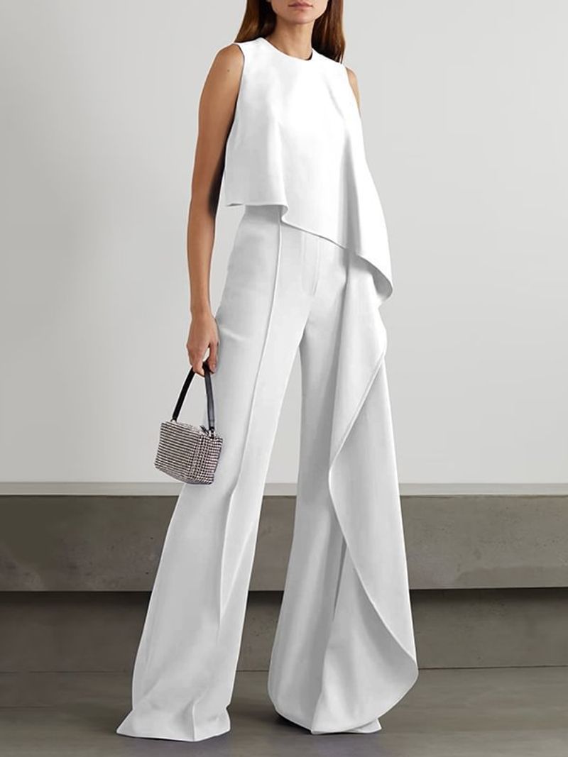 Women's Clothing solid color fashion temperament vest high waist wide leg pants women's irregular zipper jumpsuit _voghion.com