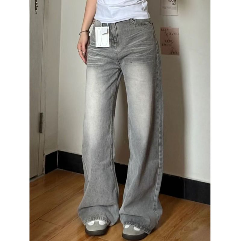 Trendy American Style Vintage Washed Wide-Leg Jeans Women Loose High-Waist Slimming Straight Long Pants_voghion.com