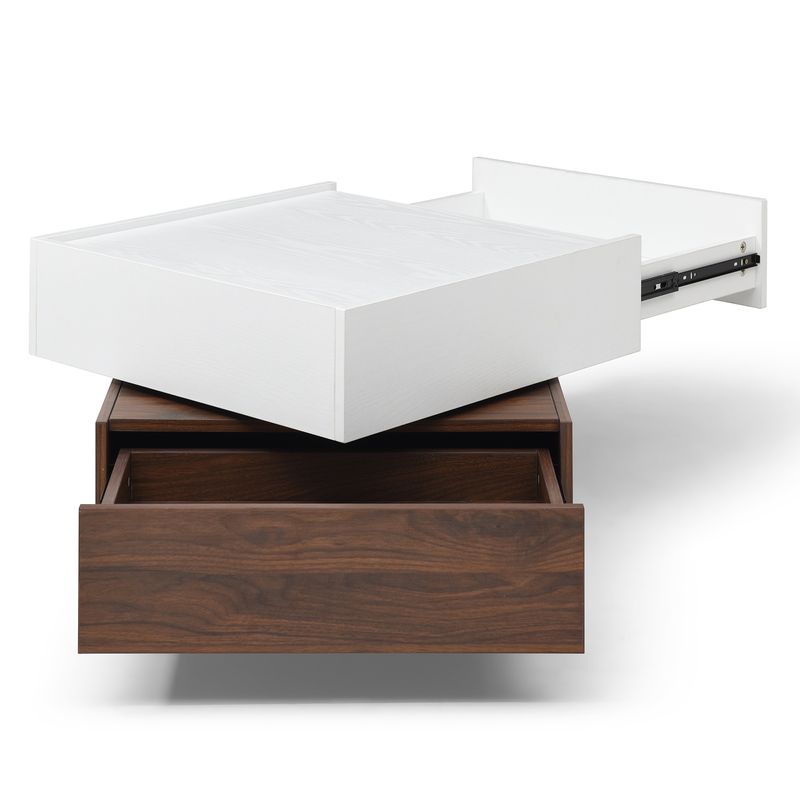 coffee Table , Rotating Coffee Table With 2 Drawers, High Wood 2-Tier Center Table With Storage, Square Coffee Table With Swivel Tabletop For Living Room (white And Walnut )_voghion.com