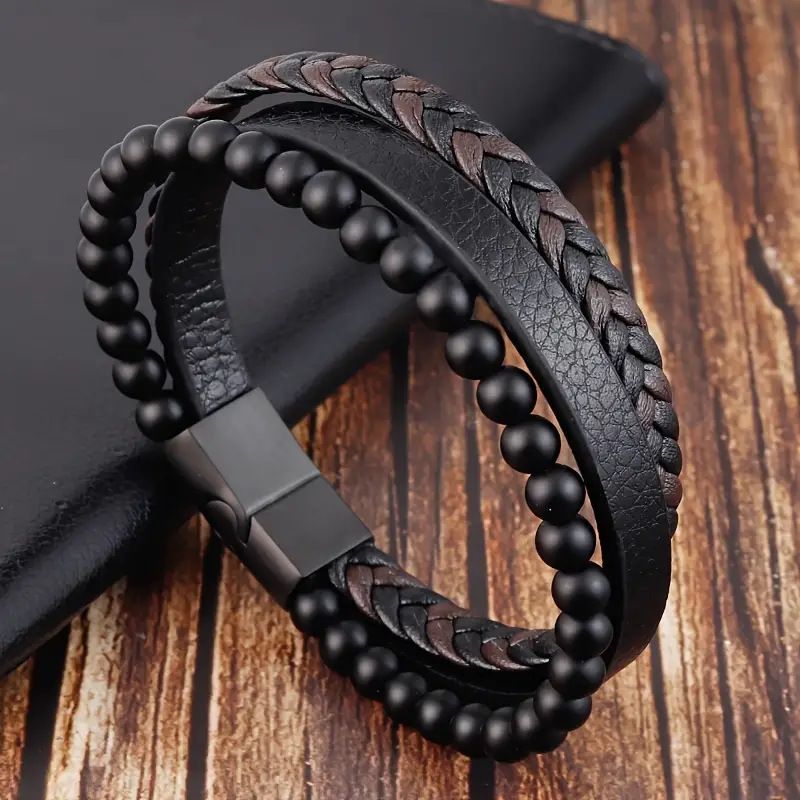 Bracciale in pelle PU intrecciata con pietra vulcanica naturale e chiusura magnetica per uomo_voghion.com