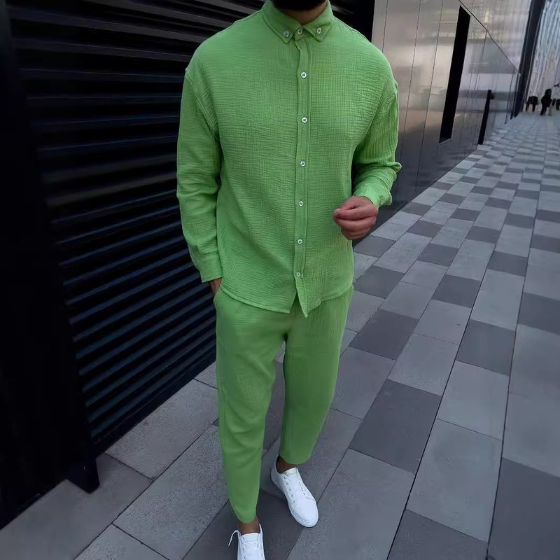 Herbst und Winter Herren Falten Blase Casual Anzug Ärmeln Modische Arbeitskleidung Lange Hosen Zweiteiliges Set_voghion.com