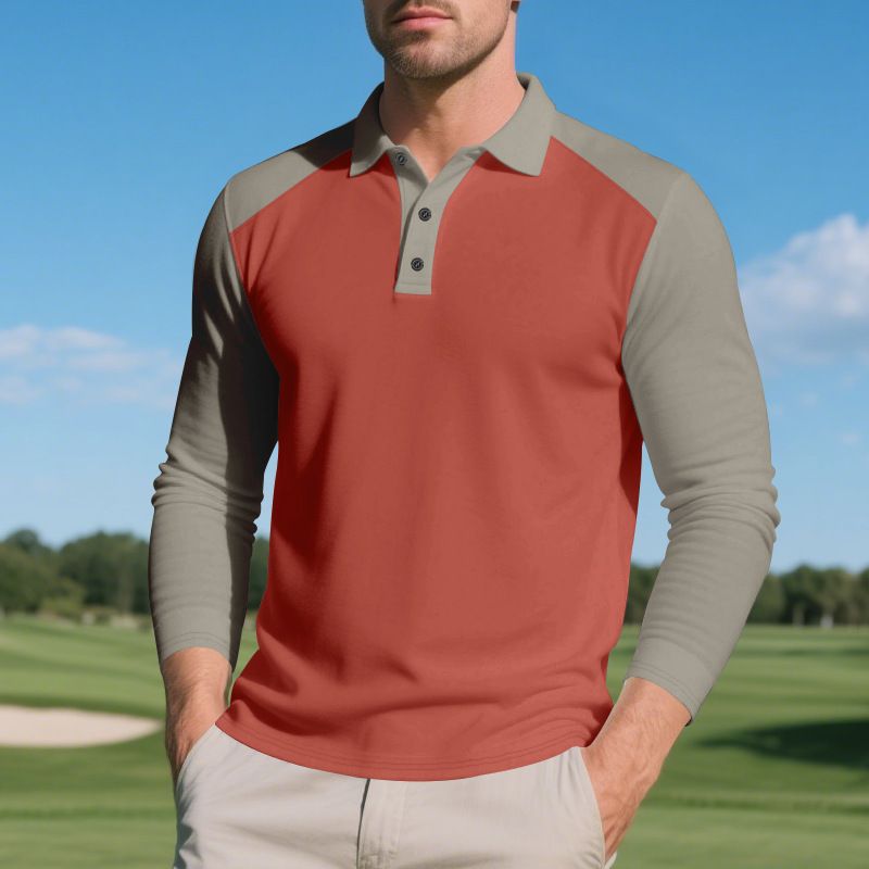 Herrenbekleidung Farblich passendes lässiges Herbst-Golf-Revers-Knöpf-Langarmhemd_voghion.com