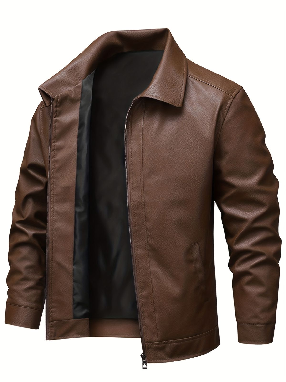 Men's Leather - Full-Zip Lapel Collar Softshell Coat, Loose Fit Casual Riding Jacket With Zippered Pockets, Golden-Tone_voghion.com