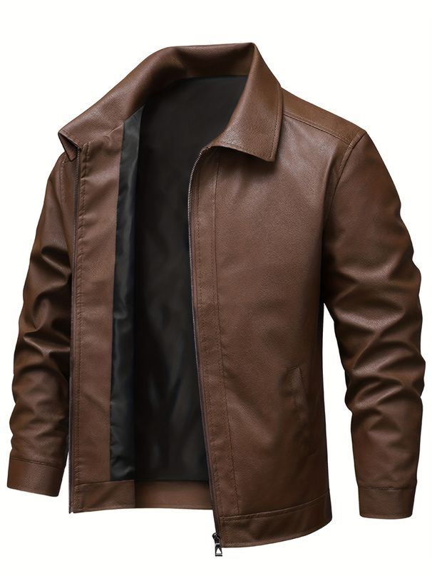Men's Leather - Full-Zip Lapel Collar Softshell Coat, Loose Fit Casual Riding Jacket With Zippered Pockets, Golden-Tone_voghion.com