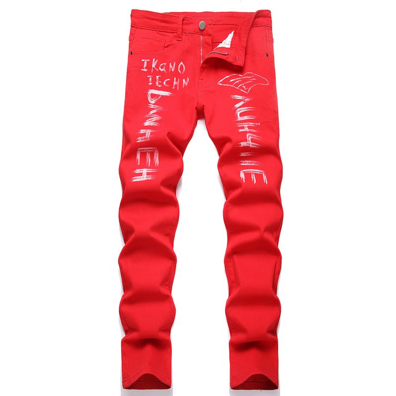 Ropa para hombre, pantalones vaqueros rojos con estampado de letras, marca de moda para hombre, High Street Xintang Denim Capital Factory Spot Wholesale_voghion.com