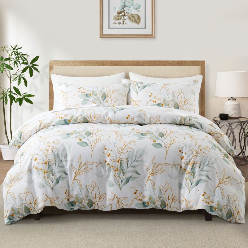 Copripiumino floreale con bordo dorato in morbida fibra, set di biancheria da letto Plant Garden, tre pezzi_voghion.com
