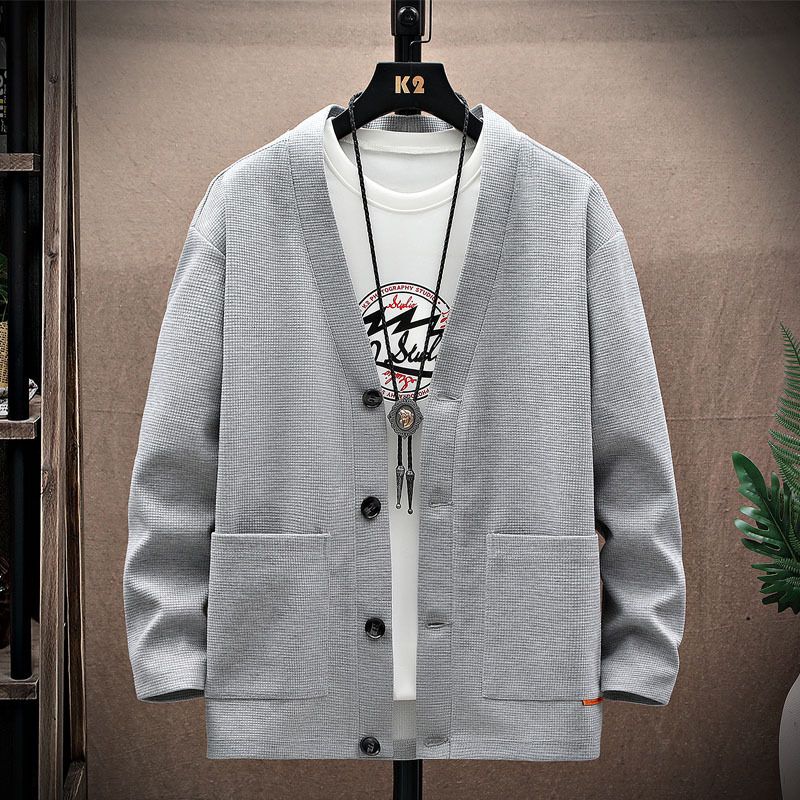 Abbigliamento maschile cardigan felpa uomo tinta unita tasca toppa cardigan giacca scollo a V waffle college trend versione_voghion.com
