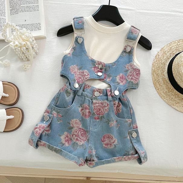 Children's Suit New Arrival Summer Korean Style Girls Sweet Spicy Flower Suspenders Denim Suit Thin Underwear Three Piece Suit Trendy_voghion.com