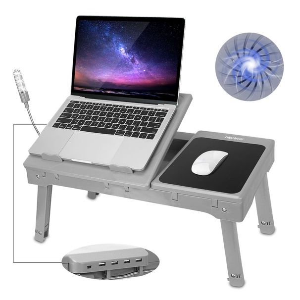 Foldable Laptop Table Bed Notebook Desk With Cooling Fan Mouse Board LED Light 4 XUSB Ports Breakfast Snacking Tray_voghion.com