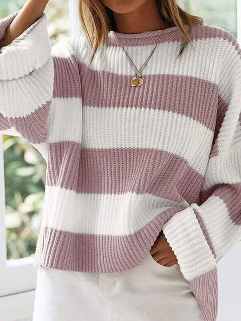 Maglione a righe a maniche lunghe da donna con maniche svasate - Pullover casual oversize con design tinta unita e color block_voghion.com