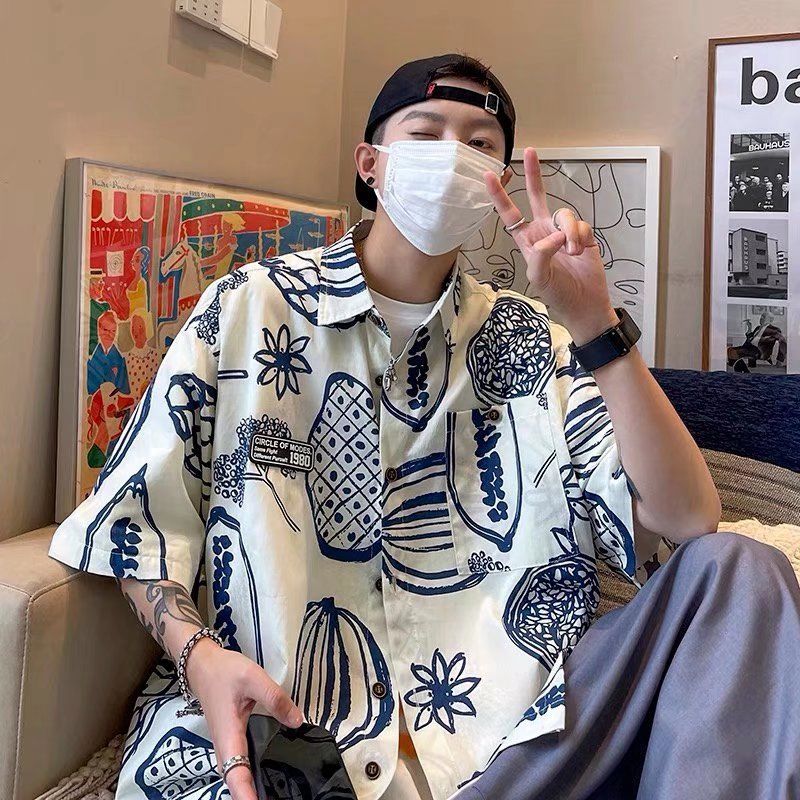 Men's Clothing Seaside Holiday Floral Shirt Loose Handsome Beach Short Sleeve Shirt_voghion.com