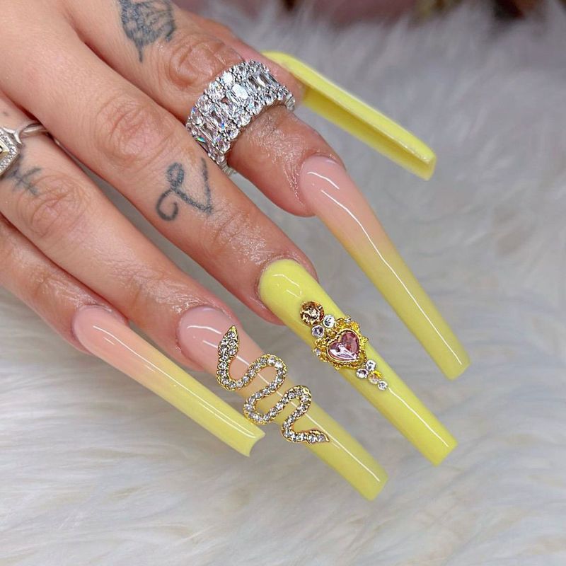 Doodskist 24 stuks lange kunstnagels met lijm gele slang strass ontwerp draagbaar ballet druk op nagels volledige cov_voghion.com