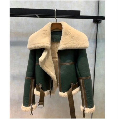 New Winter Green Patchwork Large Lapel Motorcycle Jacket Women's Thickened Short Fur Integrated Sheep Shearling Coat Pengquan_voghion.com