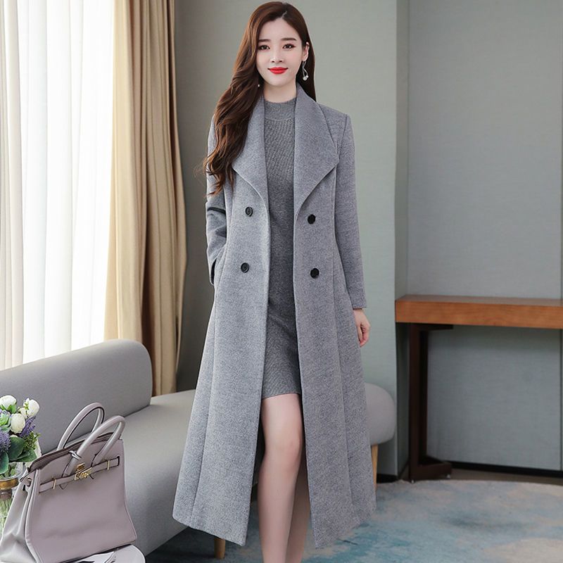 Damenbekleidung, dicker Trenchcoat aus Wollmischung, schmal geschnittener, mittellanger Wintermantel mit Polokragen, warme und stylische Oberbekleidung in Grau und Schwarz (S-3XL)_voghion.com