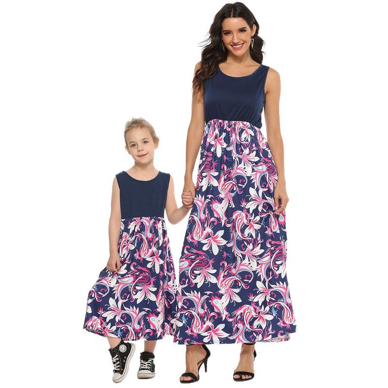 Moeder & Kinderen Eendelige jurk met cashewnoten bloemenprint ouder-kind jurk slim fit polar ouder-kind jurk_voghion.com