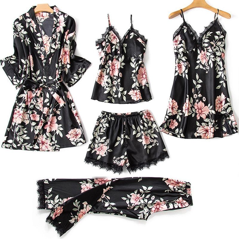 Unterwäsche & Nachtwäsche Bedruckter fünfteiliger Pyjama, Heimkleidung, Hosenträger, lockere und bequeme Spitzenunterwäsche, Bademäntel_voghion.com