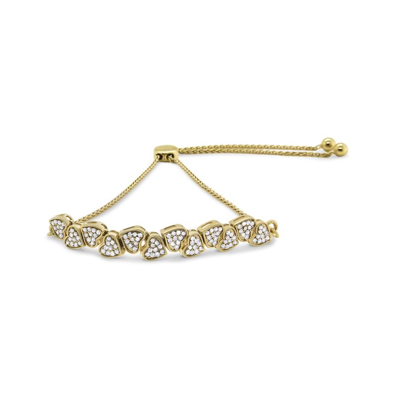 14K Yellow Gold Plated .925 Sterling Silver 1/2 Cttw Diamond Sideways Hearts Bolo Bracelet (H-I Color, I1-I2 Clarity) - 4'-10' Adjustable_voghion.com