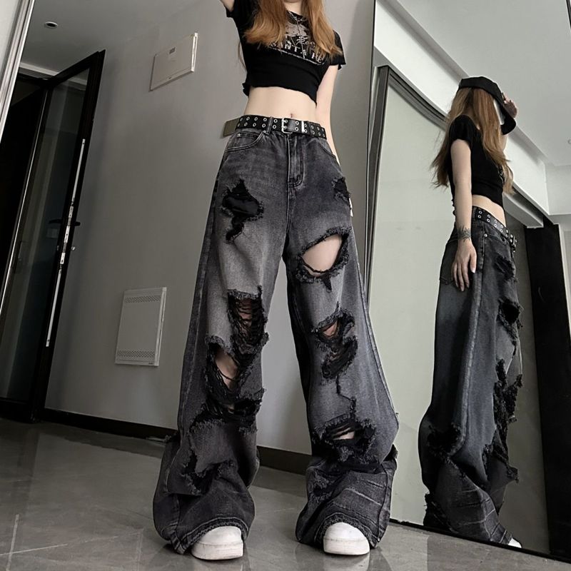 Ripped For Women American Style Washed Loose Straight Versatile Wide-Leg Jeans Spring Autumn New Model_voghion.com