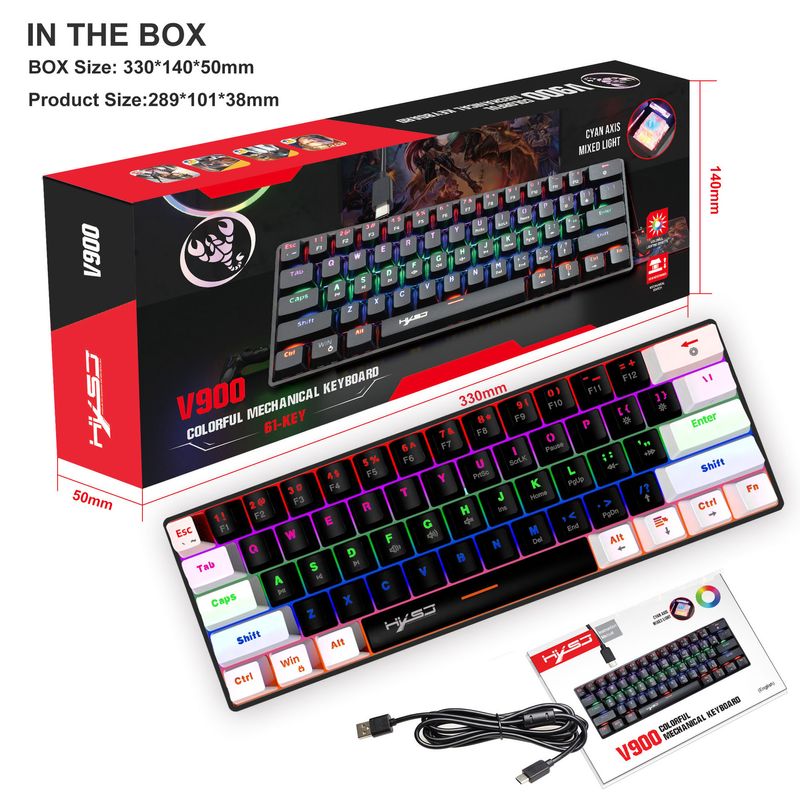 V900BW bedraad gaming mechanisch toetsenbord met 61 toetsen en 60% compacte groene as coole verlichting, draagbaar_voghion.com