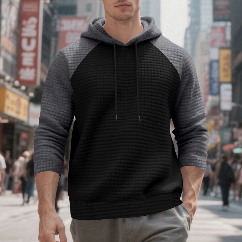 Herenkleding Zware kleurblok hoodie met capuchon, relaxte pasvorm en trekkoord voor casual streetwear (zwart/grijs, legergroen/beige)_voghion.com