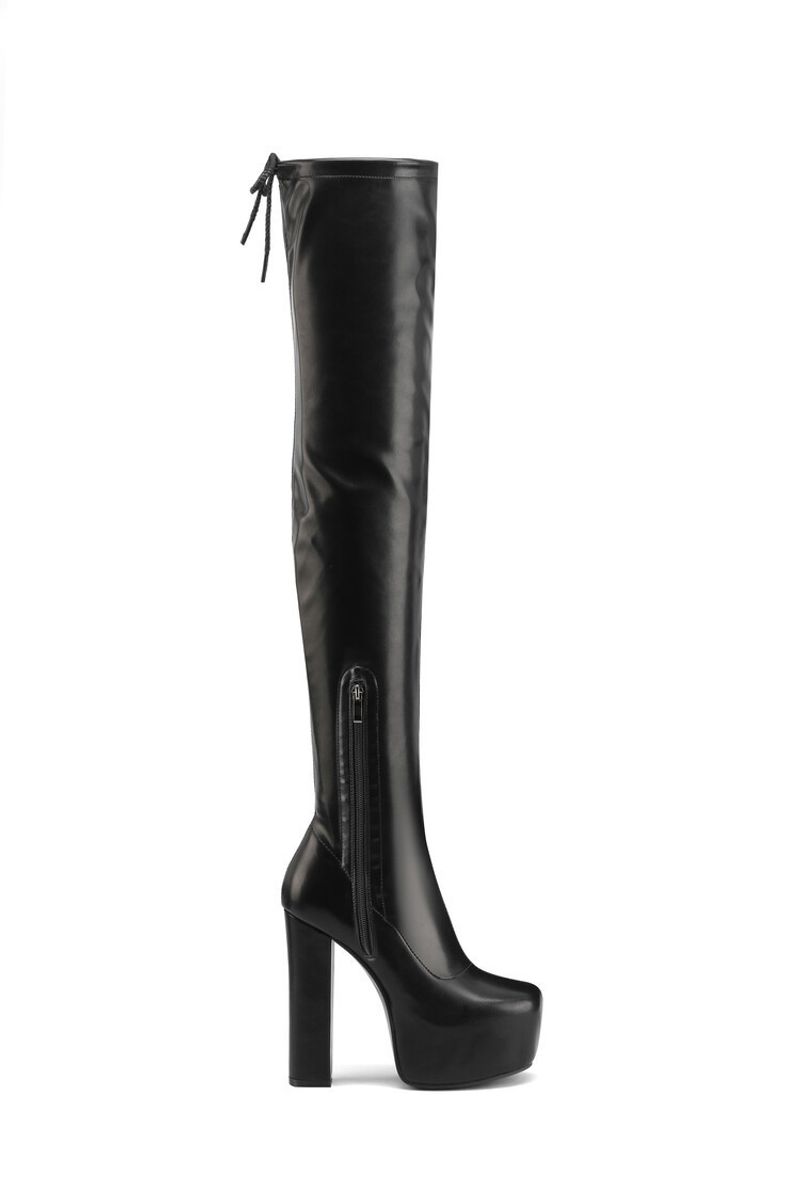Bottes au-dessus du genou à lacets carrés avec fermeture éclair latérale et plateforme imperméable à talons épais et talons hauts_voghion.com
