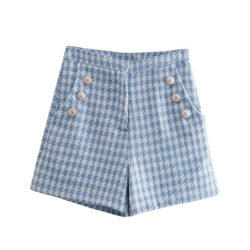 2248 Frühlings-Set mit Hahnentritt-Blazer und zweireihigen Shorts für Damen_voghion.com