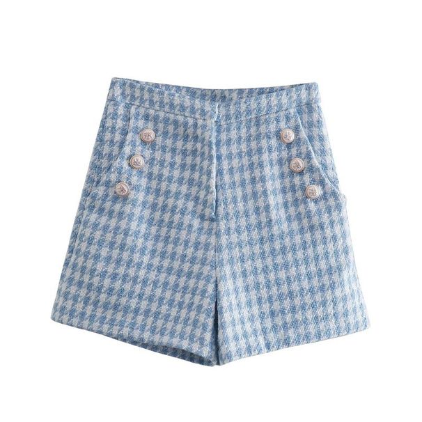 2248 Frühlings-Set mit Hahnentritt-Blazer und zweireihigen Shorts für Damen_voghion.com