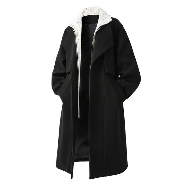 Double-Collar Wool-Blend Overcoat – Winter Layered Trench Coat For Men (M-3XL, Black/White Trim)_voghion.com