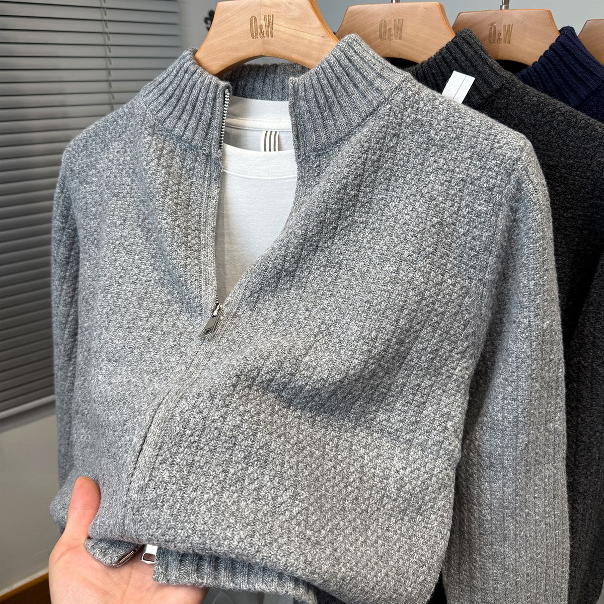 Men’s Zip-Up Knit Cardigan – Semi-Turtleneck Lightweight Sweater (M-3XL, Light Grey/Dark Grey/Beige/Navy)_voghion.com