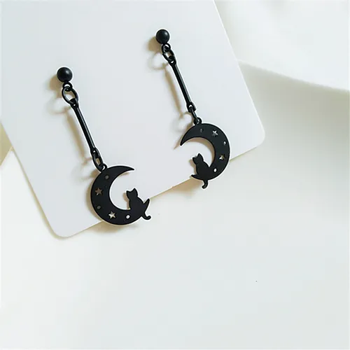 Orecchini lunghi a forma di luna con nappine, orecchini a clip non forati con ago in argento, orecchini a forma di stella e luna, orecchini neri con clip per orecchini_voghion.com